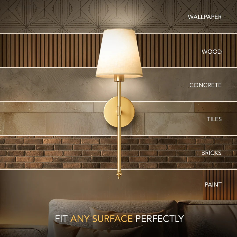 Wall lamp fixture on a wall with various surface options labeled.