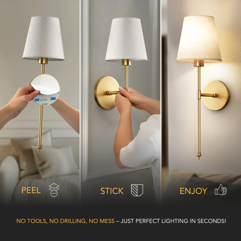 Battery-operated wall sconce mounted above bed