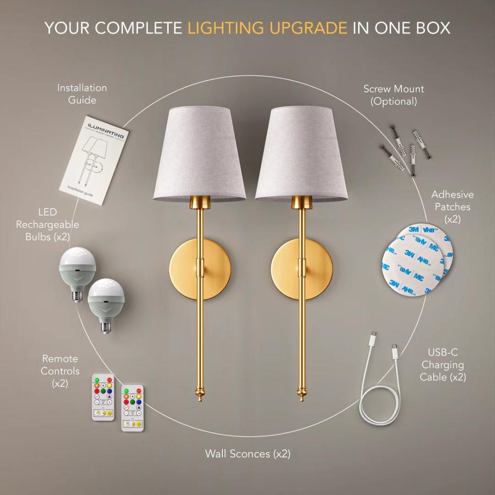 Wall sconces with LED bulbs, remote controls, and installation guide on a gray background
