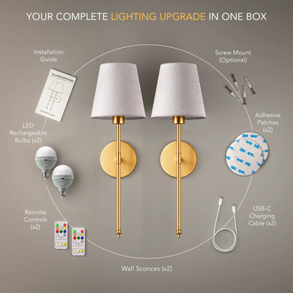 Wall sconces with LED bulbs, remote controls, and installation guide on a gray background